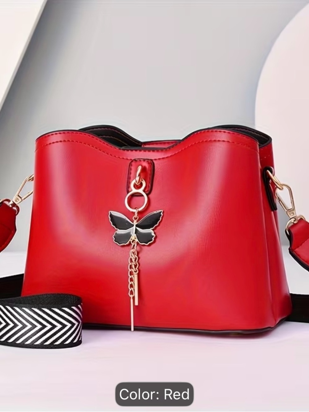 Elegant Red Women’s Crossbody Bag with Butterfly Charm